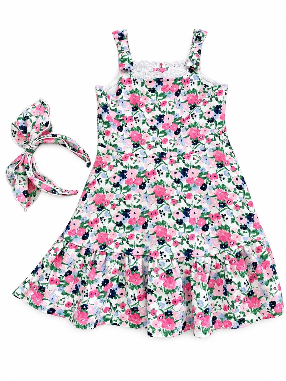 Janie and Jack 5T Girls Floral Sundress with Matching Headband - Pink & Navy